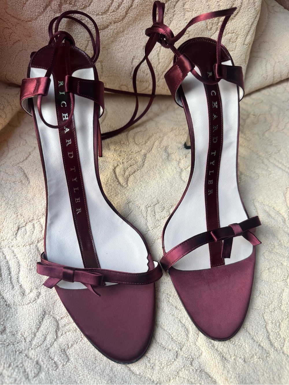 Richard Tyler Wine Satin Ankle-Tie Heels with Bow  burgundy